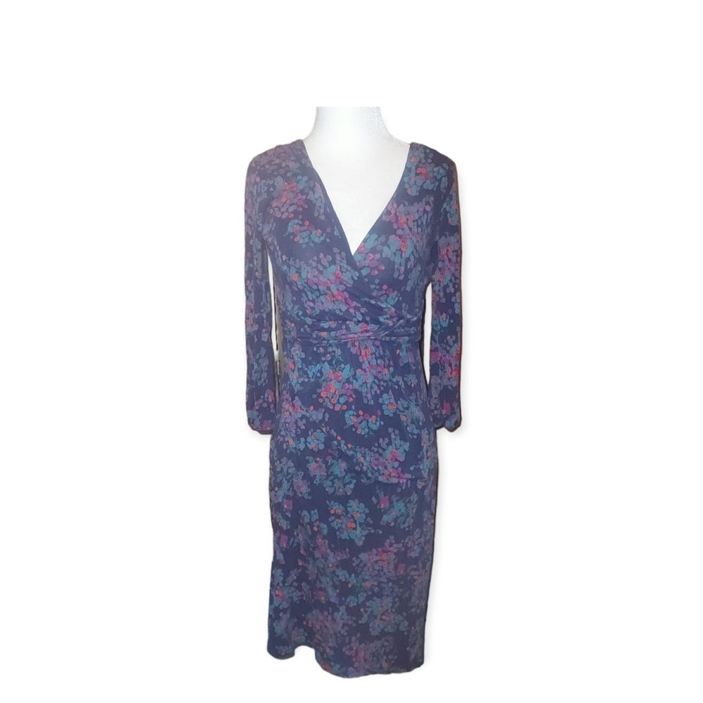 Boden 6r Dress Midi Fkoral Stretch Quarter Sleeve Fitting Wrap Chest